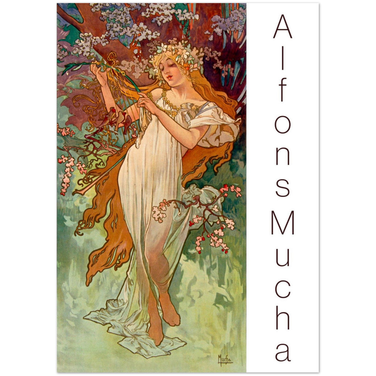 Carte de vœux Le Printemps par Alphonse Mucha. Reproduction de l'œuvre Le Printemps d'Alphonse Mucha sur une carte de vœux, montrant une femme en robe blanche parmi des branches fleuries.