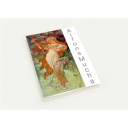 Carte de vœux Le Printemps par Alphonse Mucha (Aucune). Reproduction de l'œuvre Le Printemps d'Alphonse Mucha sur une carte de vœux, montrant une femme en robe blanche parmi des branches fleuries.