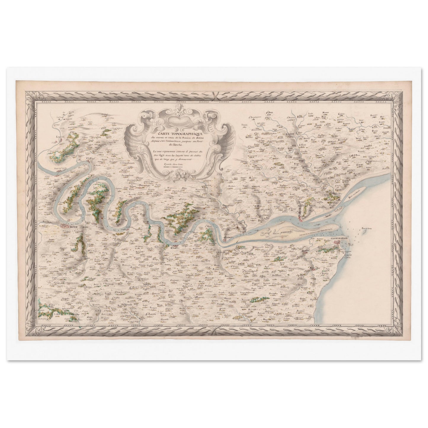Planche ancienne : Carte du cours de la Seine jusqu'au Pont-de-l'Arche. Carte topographique ancienne du cours de la Seine, de son embouchure jusqu'à Pont-de-l'Arche, montrant le fleuve, les villes et la campagne environnante. Image d'illustration 3