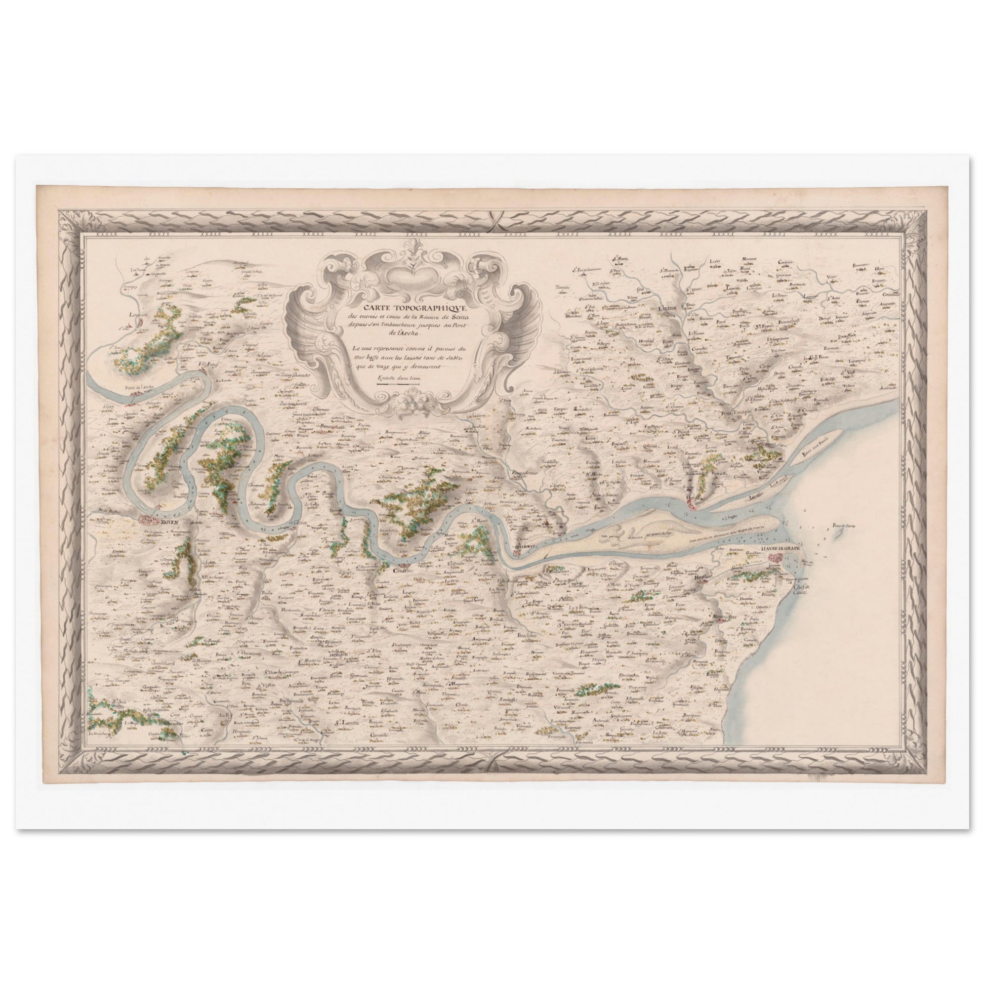 Planche ancienne : Carte du cours de la Seine jusqu'au Pont-de-l'Arche. Carte topographique ancienne du cours de la Seine, de son embouchure jusqu'à Pont-de-l'Arche, montrant le fleuve, les villes et la campagne environnante. Image d'illustration 3
