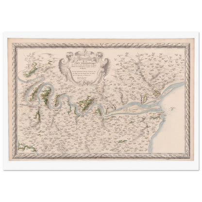 Planche ancienne : Carte du cours de la Seine jusqu'au Pont-de-l'Arche. Carte topographique ancienne du cours de la Seine, de son embouchure jusqu'à Pont-de-l'Arche, montrant le fleuve, les villes et la campagne environnante. Image d'illustration 3