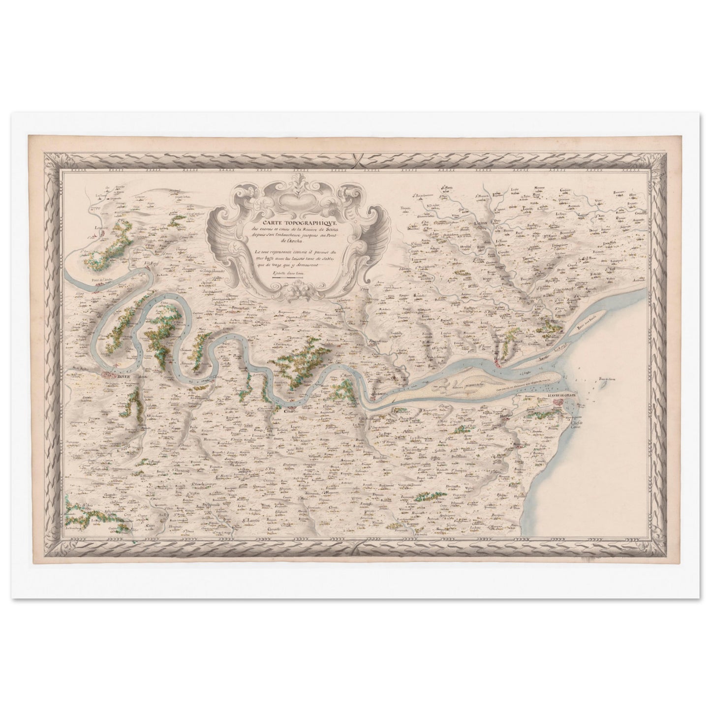 Planche ancienne : Carte du cours de la Seine jusqu'au Pont-de-l'Arche. Carte topographique ancienne du cours de la Seine, de son embouchure jusqu'à Pont-de-l'Arche, montrant le fleuve, les villes et la campagne environnante. Image d'illustration 4
