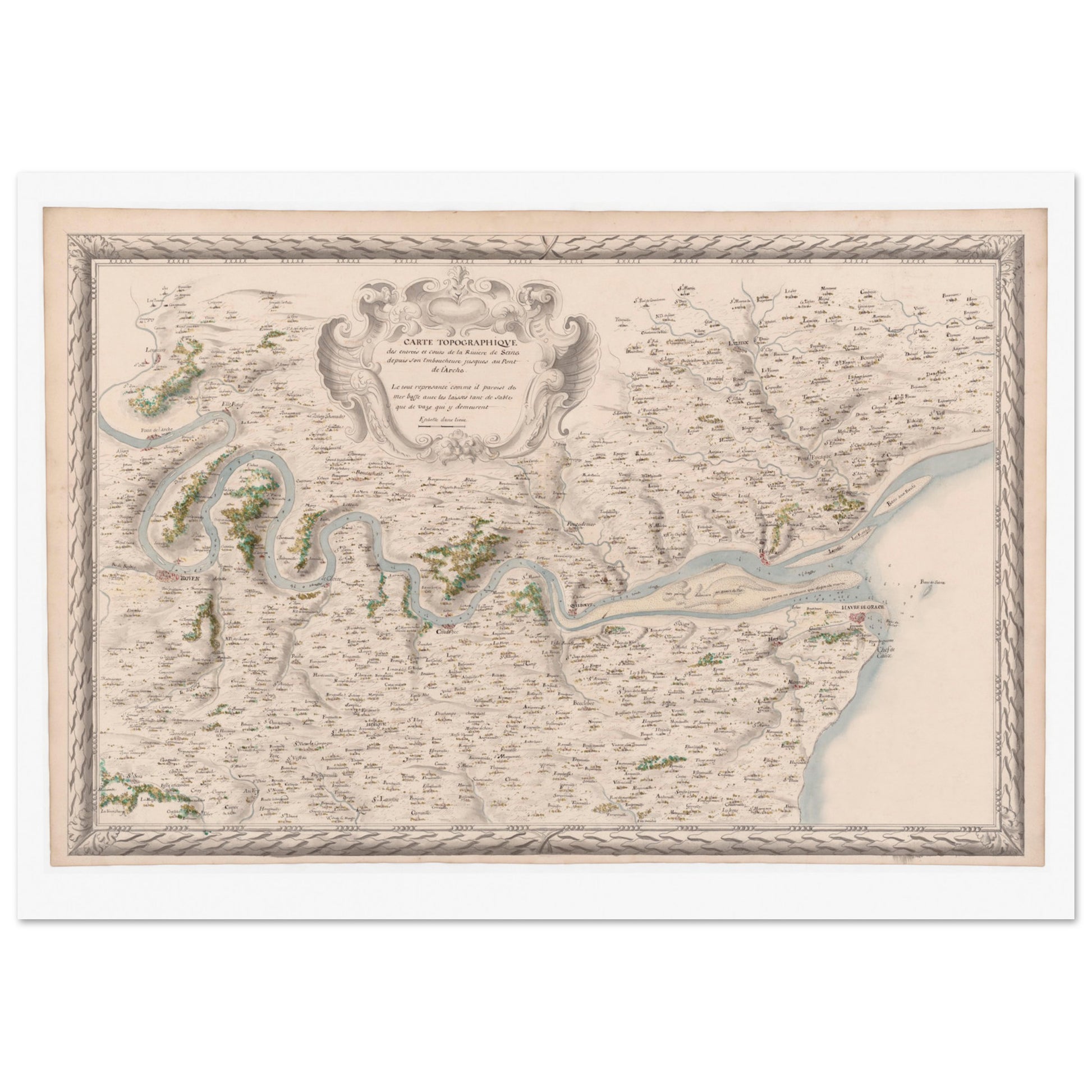 Planche ancienne : Carte du cours de la Seine jusqu'au Pont-de-l'Arche. Carte topographique ancienne du cours de la Seine, de son embouchure jusqu'à Pont-de-l'Arche, montrant le fleuve, les villes et la campagne environnante. Image d'illustration 4