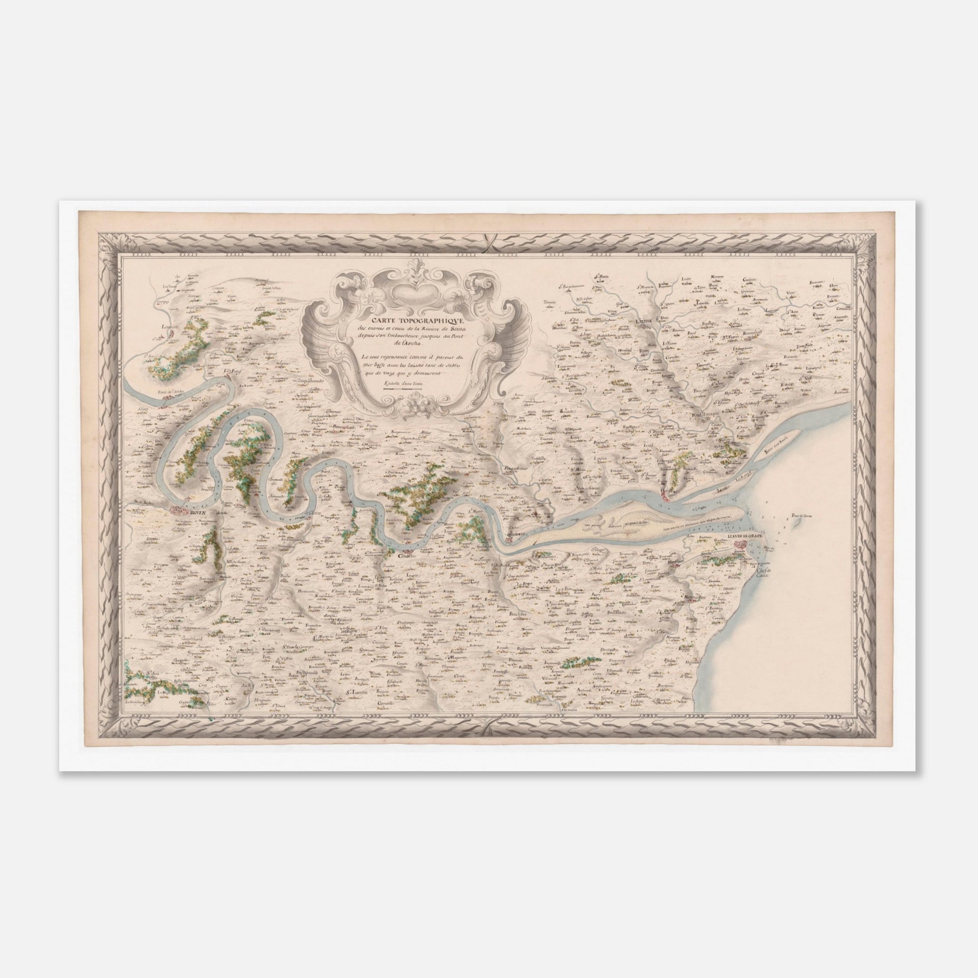 Planche ancienne : Carte du cours de la Seine jusqu'au Pont-de-l'Arche (40x60 cm). Carte topographique ancienne du cours de la Seine, de son embouchure jusqu'à Pont-de-l'Arche, montrant le fleuve, les villes et la campagne environnante.