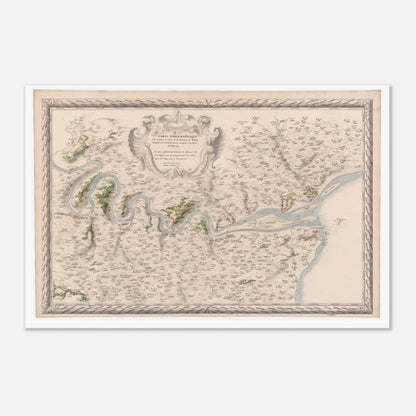 Planche ancienne : Carte du cours de la Seine jusqu'au Pont-de-l'Arche (40x60 cm). Carte topographique ancienne du cours de la Seine, de son embouchure jusqu'à Pont-de-l'Arche, montrant le fleuve, les villes et la campagne environnante.
