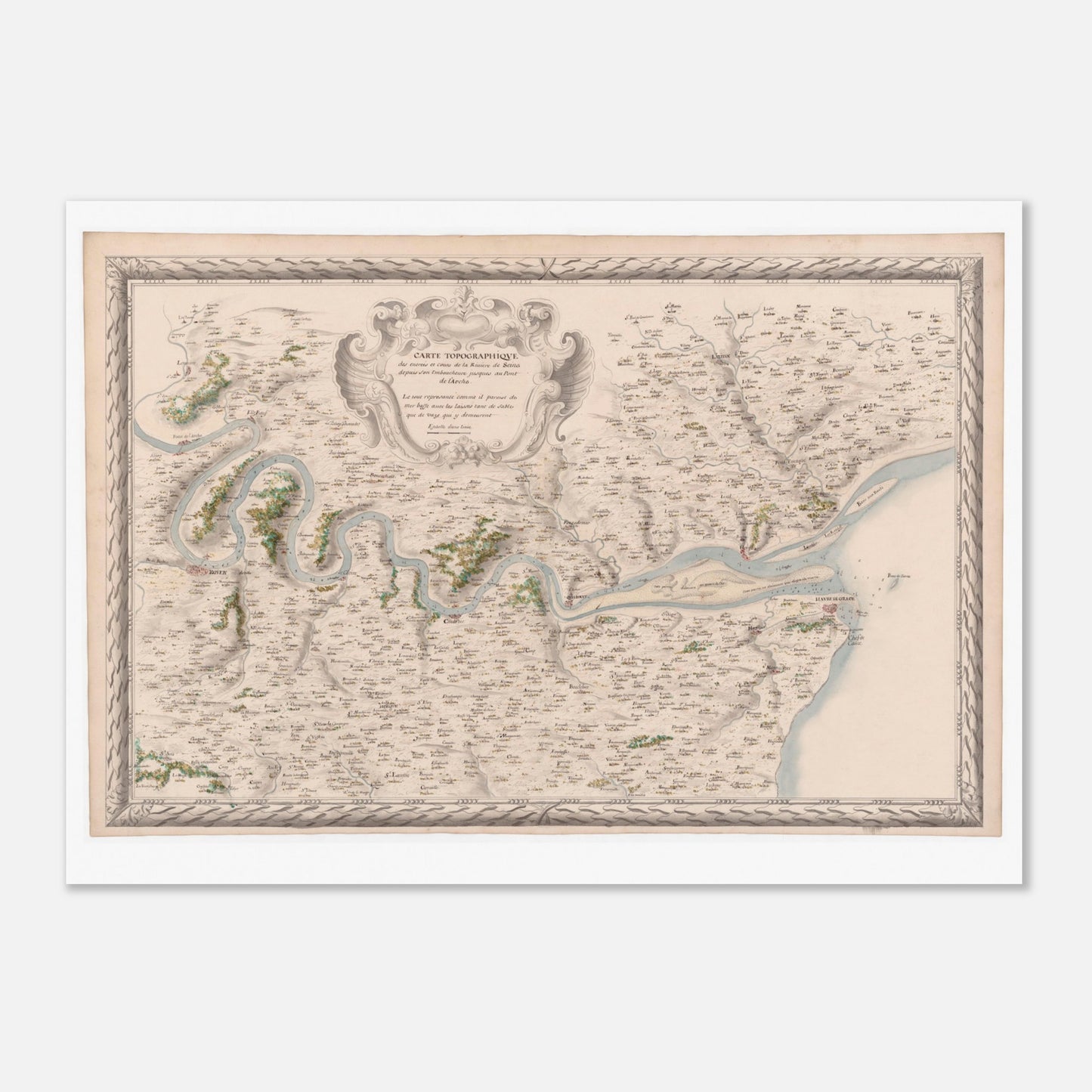 Planche ancienne : Carte du cours de la Seine jusqu'au Pont-de-l'Arche (50x70 cm). Carte topographique ancienne du cours de la Seine, de son embouchure jusqu'à Pont-de-l'Arche, montrant le fleuve, les villes et la campagne environnante.