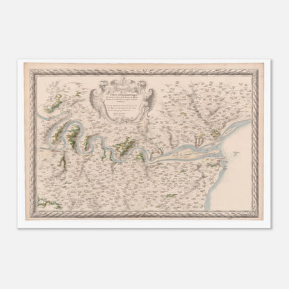 Planche ancienne : Carte du cours de la Seine jusqu'au Pont-de-l'Arche (60x90 cm). Carte topographique ancienne du cours de la Seine, de son embouchure jusqu'à Pont-de-l'Arche, montrant le fleuve, les villes et la campagne environnante.