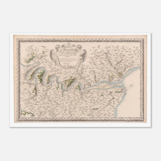 Planche ancienne : Carte du cours de la Seine jusqu'au Pont-de-l'Arche (60x90 cm). Carte topographique ancienne du cours de la Seine, de son embouchure jusqu'à Pont-de-l'Arche, montrant le fleuve, les villes et la campagne environnante.