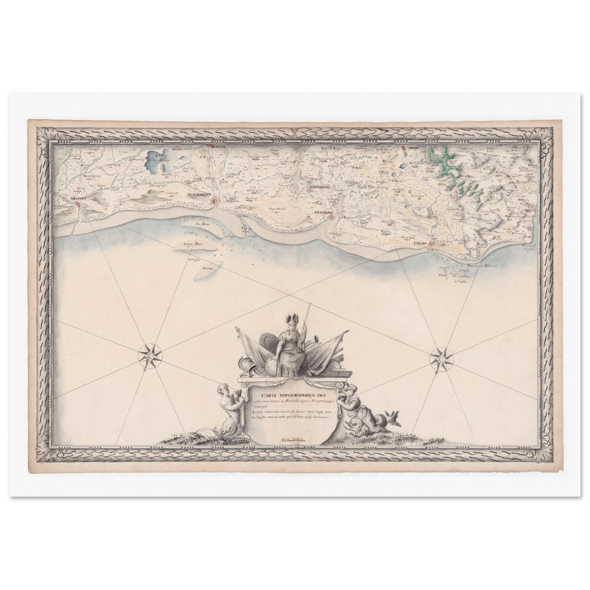 Carte maritime ancienne de la Picardie, de Nieuport à Audresselles (1680). Carte topographique ancienne des côtes maritimes de Picardie, de Nieuport à Audresselles, avec des détails côtiers et un cartouche ornemental. Image d'illustration 3