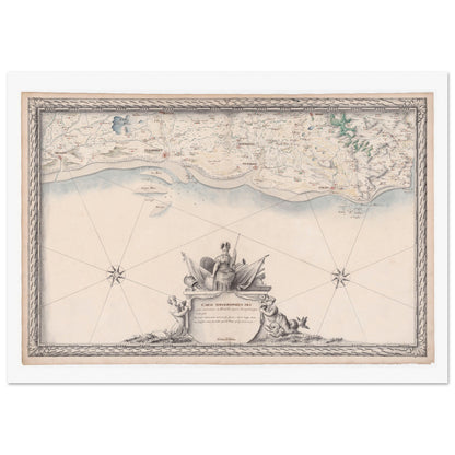 Carte maritime ancienne de la Picardie, de Nieuport à Audresselles (1680). Carte topographique ancienne des côtes maritimes de Picardie, de Nieuport à Audresselles, avec des détails côtiers et un cartouche ornemental. Image d'illustration 3