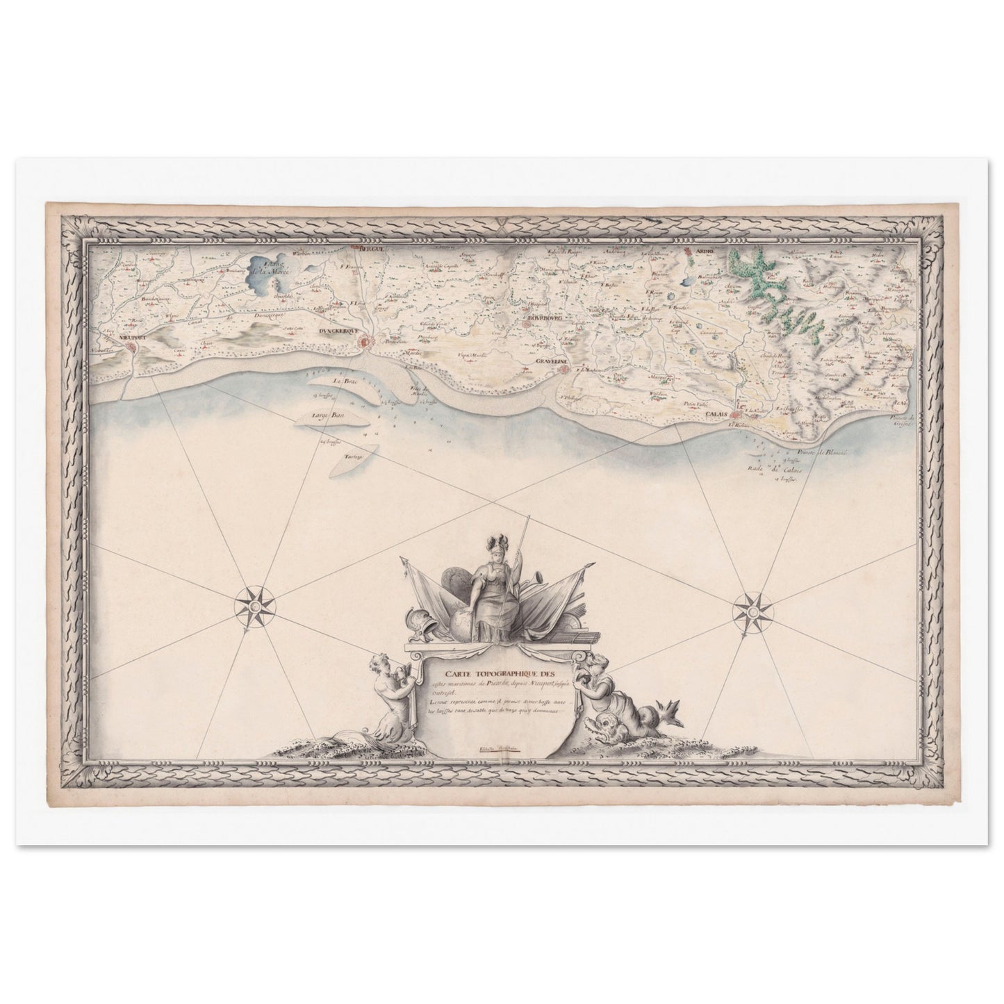 Carte maritime ancienne de la Picardie, de Nieuport à Audresselles (1680). Carte topographique ancienne des côtes maritimes de Picardie, de Nieuport à Audresselles, avec des détails côtiers et un cartouche ornemental. Image d'illustration 4