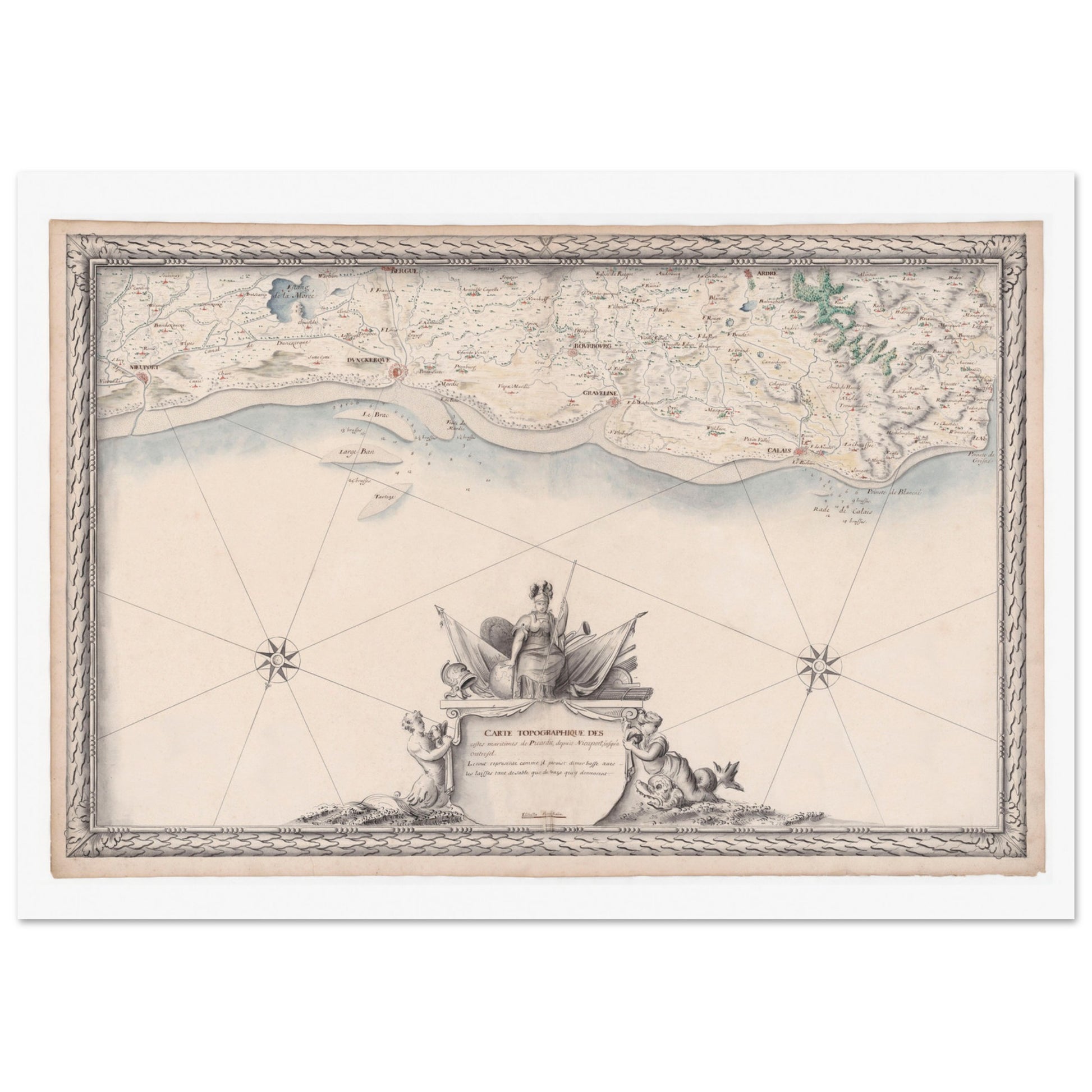 Carte maritime ancienne de la Picardie, de Nieuport à Audresselles (1680). Carte topographique ancienne des côtes maritimes de Picardie, de Nieuport à Audresselles, avec des détails côtiers et un cartouche ornemental. Image d'illustration 4