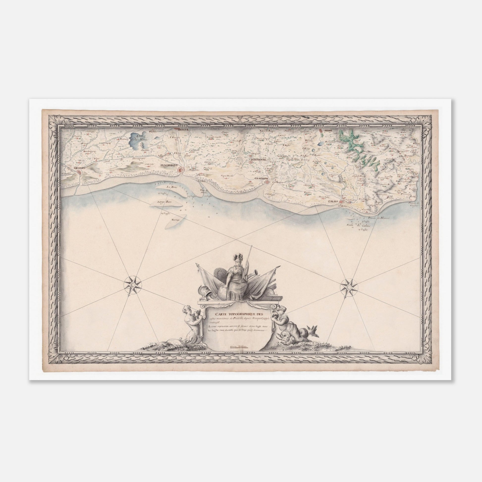 Carte maritime ancienne de la Picardie, de Nieuport à Audresselles (1680) (40x60 cm). Carte topographique ancienne des côtes maritimes de Picardie, de Nieuport à Audresselles, avec des détails côtiers et un cartouche ornemental.