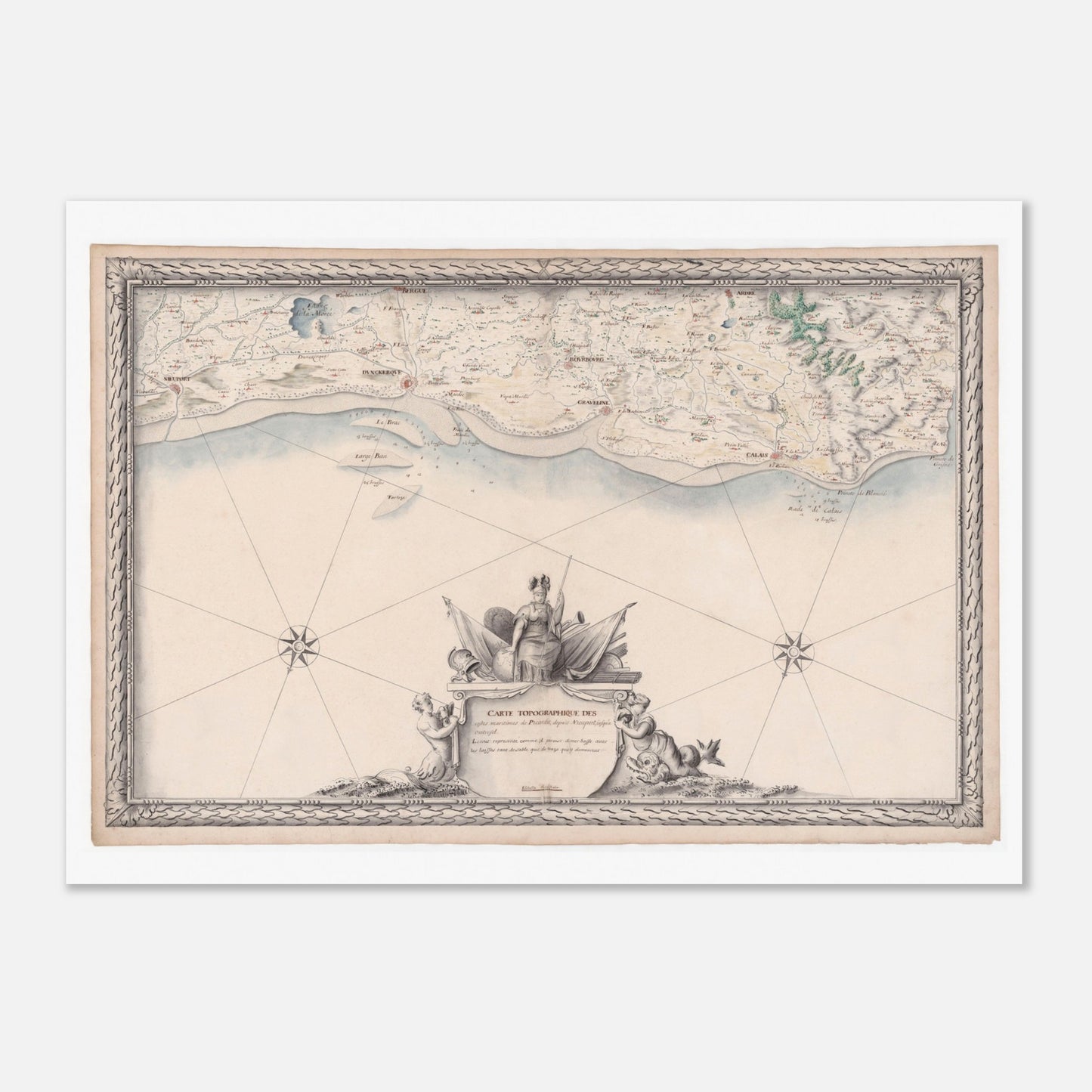 Carte maritime ancienne de la Picardie, de Nieuport à Audresselles (1680) (50x70 cm). Carte topographique ancienne des côtes maritimes de Picardie, de Nieuport à Audresselles, avec des détails côtiers et un cartouche ornemental.