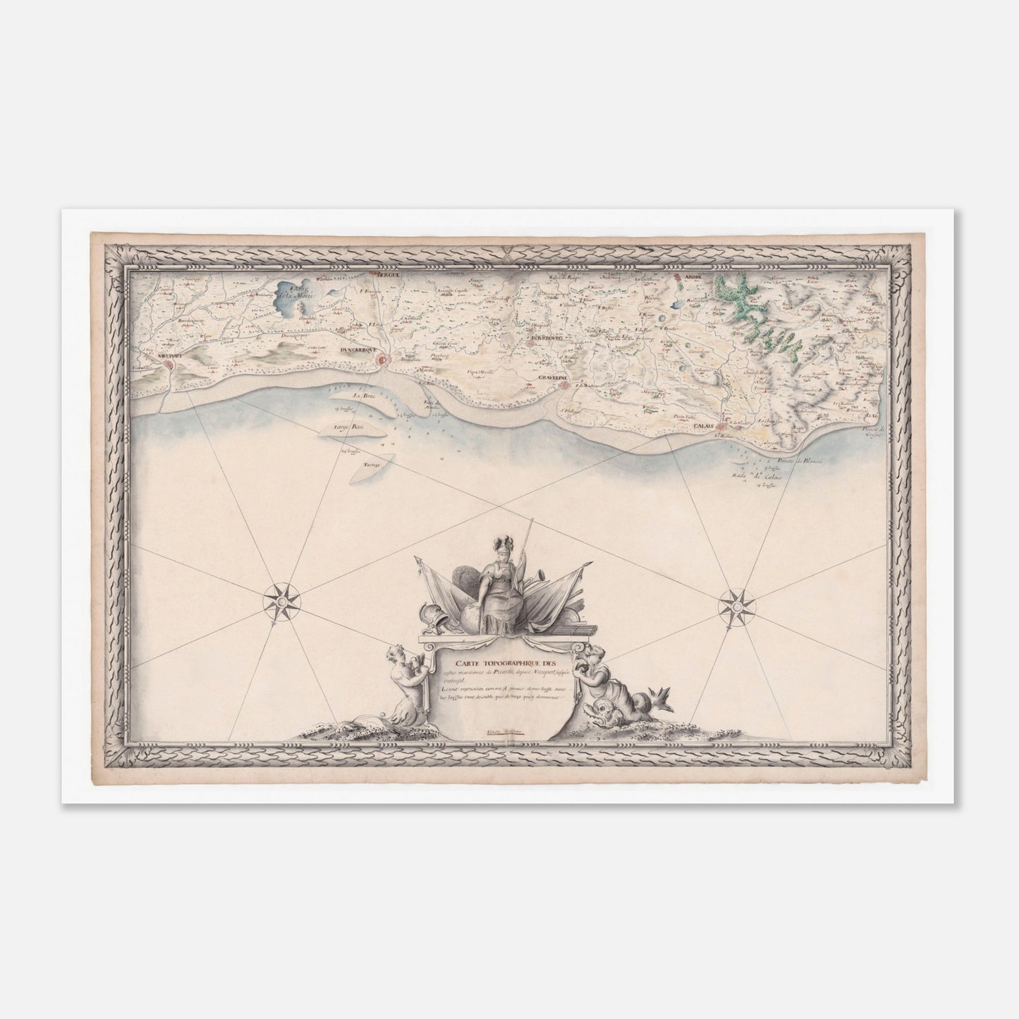 Carte maritime ancienne de la Picardie, de Nieuport à Audresselles (1680) (60x90 cm). Carte topographique ancienne des côtes maritimes de Picardie, de Nieuport à Audresselles, avec des détails côtiers et un cartouche ornemental.