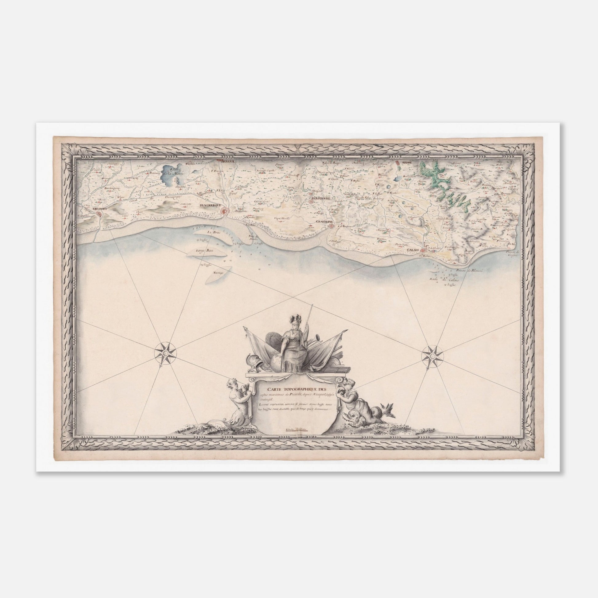 Carte maritime ancienne de la Picardie, de Nieuport à Audresselles (1680) (60x90 cm). Carte topographique ancienne des côtes maritimes de Picardie, de Nieuport à Audresselles, avec des détails côtiers et un cartouche ornemental.