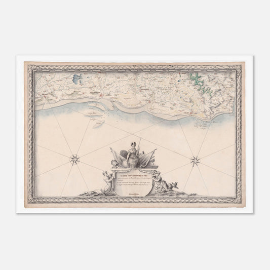 Carte maritime ancienne de la Picardie, de Nieuport à Audresselles (1680) (60x90 cm). Carte topographique ancienne des côtes maritimes de Picardie, de Nieuport à Audresselles, avec des détails côtiers et un cartouche ornemental.