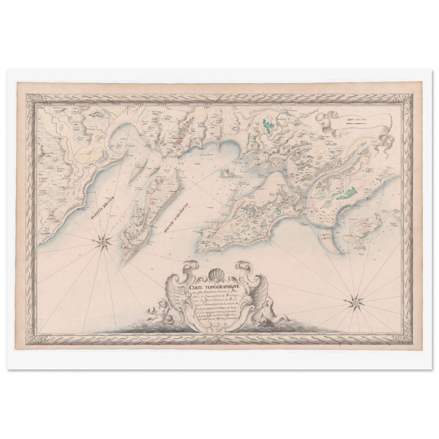 Planche ancienne : Carte maritime d'Aunis, îles d'Oléron et de Ré. Carte topographique ancienne des côtes maritimes d’Aunis et des pays voisins du Gouvernement de Brouage, incluant les îles d’Oléron et de Ré, depuis l'embouchure de la Garonne jusqu'à l'abbaye de Jard. Image d'illustration 3