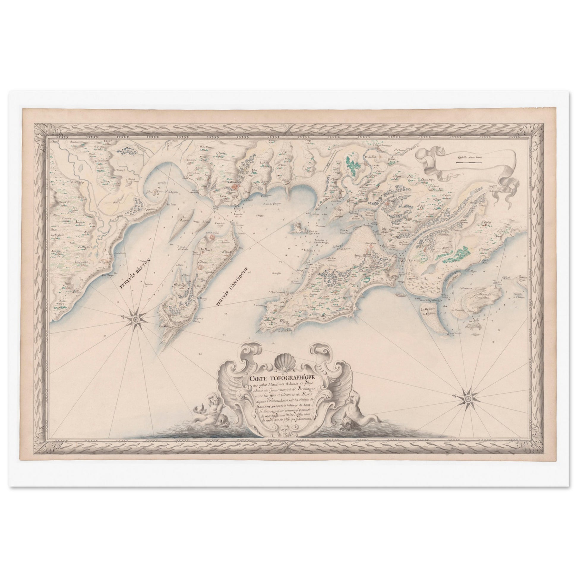 Planche ancienne : Carte maritime d'Aunis, îles d'Oléron et de Ré. Carte topographique ancienne des côtes maritimes d’Aunis et des pays voisins du Gouvernement de Brouage, incluant les îles d’Oléron et de Ré, depuis l'embouchure de la Garonne jusqu'à l'abbaye de Jard. Image d'illustration 3