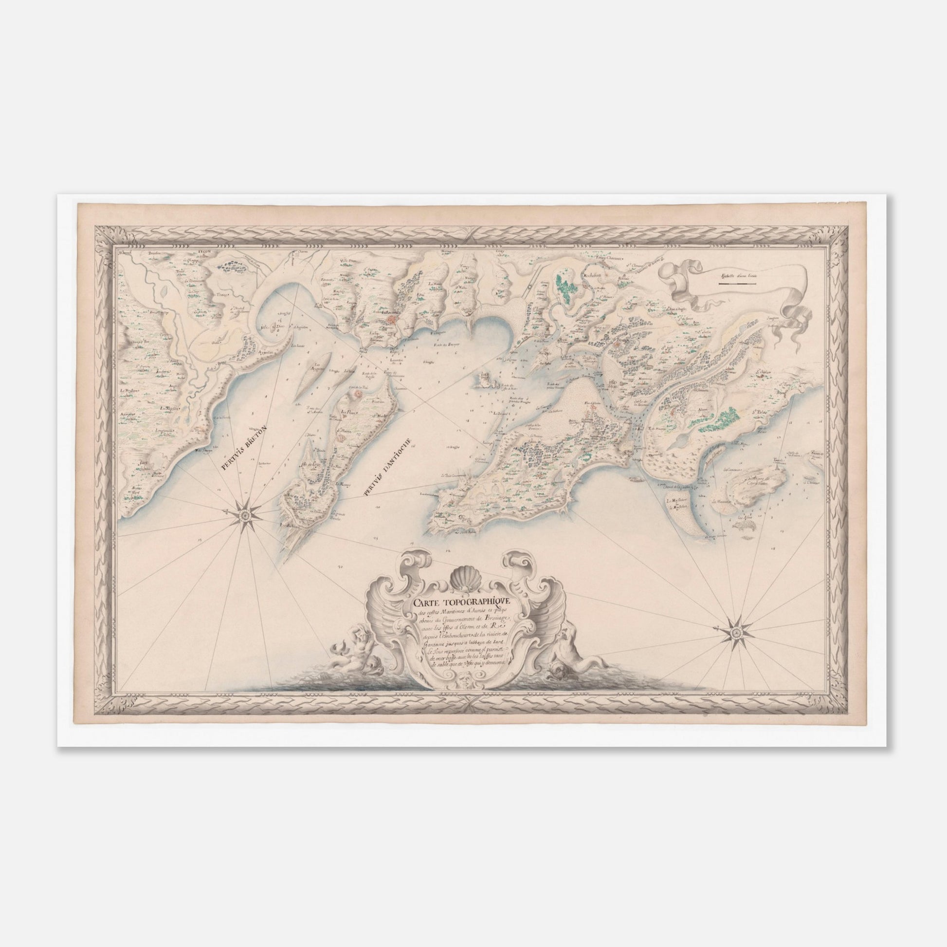 Planche ancienne : Carte maritime d'Aunis, îles d'Oléron et de Ré (40x60 cm). Carte topographique ancienne des côtes maritimes d’Aunis et des pays voisins du Gouvernement de Brouage, incluant les îles d’Oléron et de Ré, depuis l'embouchure de la Garonne jusqu'à l'abbaye de Jard.