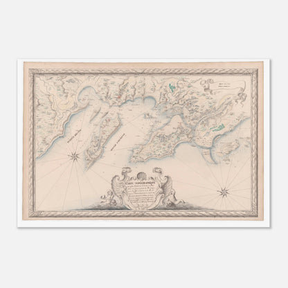 Planche ancienne : Carte maritime d'Aunis, îles d'Oléron et de Ré (40x60 cm). Carte topographique ancienne des côtes maritimes d’Aunis et des pays voisins du Gouvernement de Brouage, incluant les îles d’Oléron et de Ré, depuis l'embouchure de la Garonne jusqu'à l'abbaye de Jard.