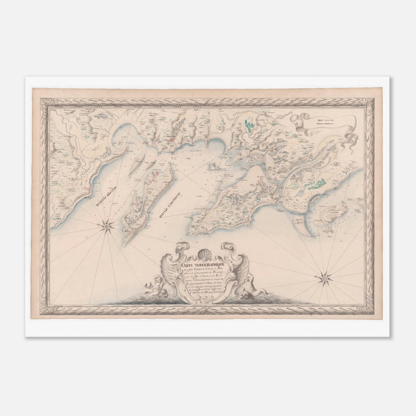 Planche ancienne : Carte maritime d'Aunis, îles d'Oléron et de Ré (50x70 cm). Carte topographique ancienne des côtes maritimes d’Aunis et des pays voisins du Gouvernement de Brouage, incluant les îles d’Oléron et de Ré, depuis l'embouchure de la Garonne jusqu'à l'abbaye de Jard.