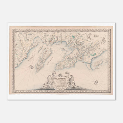 Planche ancienne : Carte maritime d'Aunis, îles d'Oléron et de Ré (50x70 cm). Carte topographique ancienne des côtes maritimes d’Aunis et des pays voisins du Gouvernement de Brouage, incluant les îles d’Oléron et de Ré, depuis l'embouchure de la Garonne jusqu'à l'abbaye de Jard.