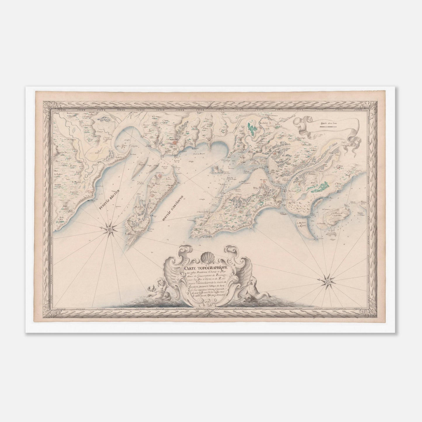Planche ancienne : Carte maritime d'Aunis, îles d'Oléron et de Ré (60x90 cm). Carte topographique ancienne des côtes maritimes d’Aunis et des pays voisins du Gouvernement de Brouage, incluant les îles d’Oléron et de Ré, depuis l'embouchure de la Garonne jusqu'à l'abbaye de Jard.