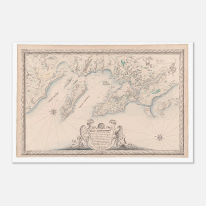 Planche ancienne : Carte maritime d'Aunis, îles d'Oléron et de Ré (60x90 cm). Carte topographique ancienne des côtes maritimes d’Aunis et des pays voisins du Gouvernement de Brouage, incluant les îles d’Oléron et de Ré, depuis l'embouchure de la Garonne jusqu'à l'abbaye de Jard.