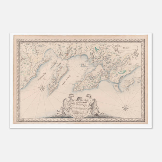 Planche ancienne : Carte maritime d'Aunis, îles d'Oléron et de Ré (60x90 cm). Carte topographique ancienne des côtes maritimes d’Aunis et des pays voisins du Gouvernement de Brouage, incluant les îles d’Oléron et de Ré, depuis l'embouchure de la Garonne jusqu'à l'abbaye de Jard.