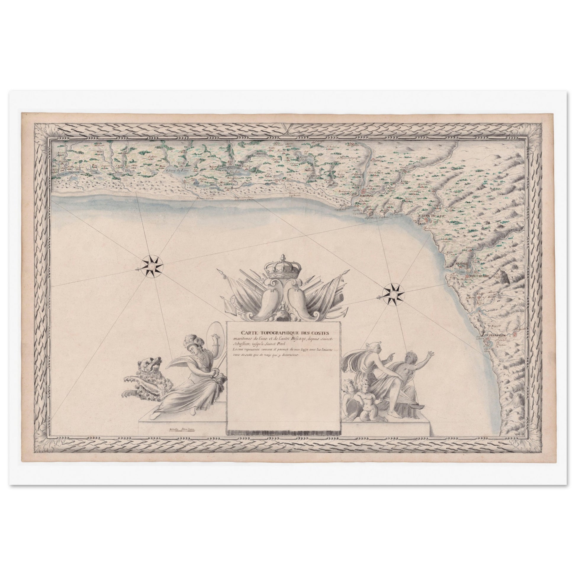 Planche ancienne : Carte de la baie de Biscaye, de Saint-Sébastien. Carte topographique ancienne des côtes maritimes de la baie de Biscaye, de Saint-Sébastien à Saint-Paul, représentant la ligne côtière et la mer. Image d'illustration 3