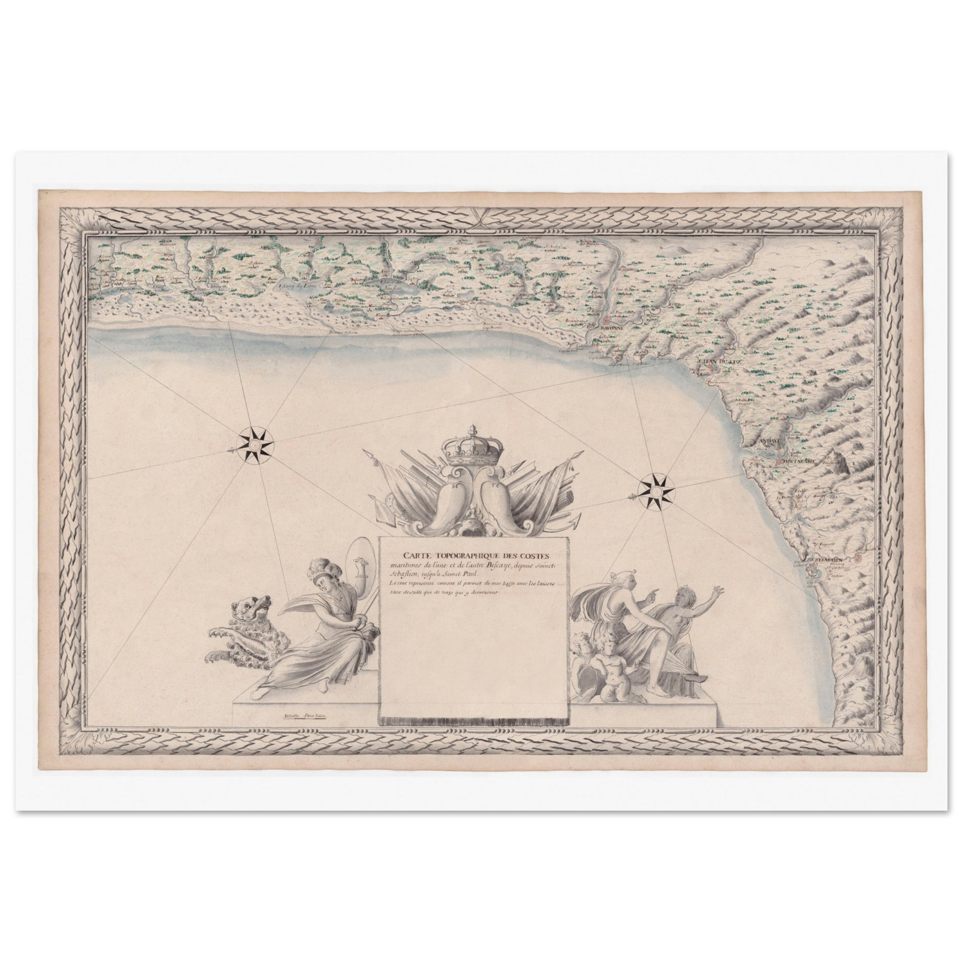 Planche ancienne : Carte de la baie de Biscaye, de Saint-Sébastien. Carte topographique ancienne des côtes maritimes de la baie de Biscaye, de Saint-Sébastien à Saint-Paul, représentant la ligne côtière et la mer. Image d'illustration 4