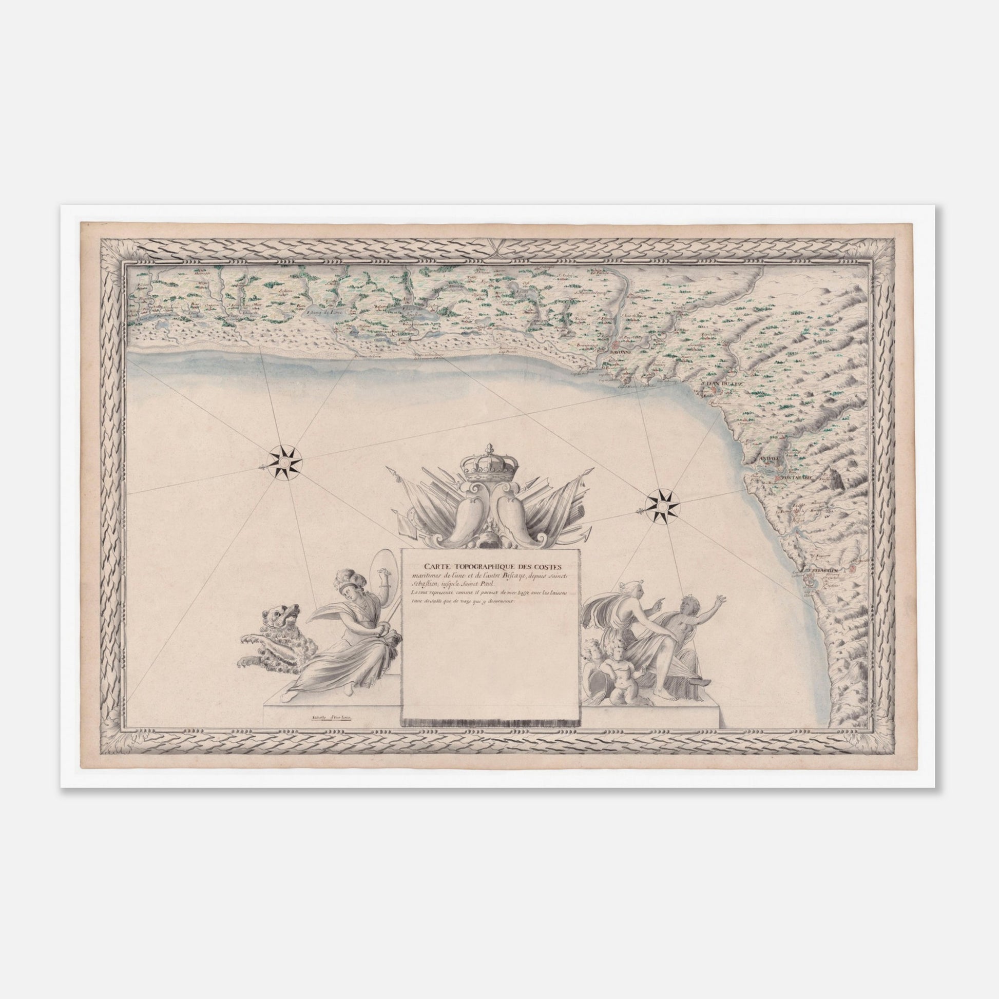 Planche ancienne : Carte de la baie de Biscaye, de Saint-Sébastien (40x60 cm). Carte topographique ancienne des côtes maritimes de la baie de Biscaye, de Saint-Sébastien à Saint-Paul, représentant la ligne côtière et la mer.