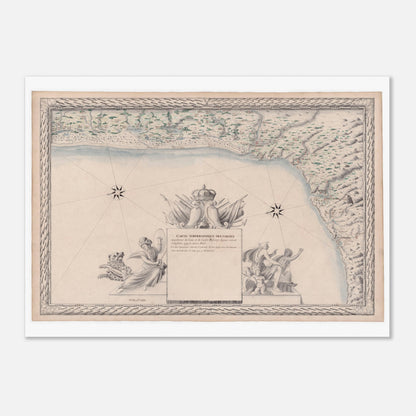 Planche ancienne : Carte de la baie de Biscaye, de Saint-Sébastien (50x70 cm). Carte topographique ancienne des côtes maritimes de la baie de Biscaye, de Saint-Sébastien à Saint-Paul, représentant la ligne côtière et la mer.
