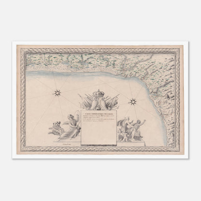 Planche ancienne : Carte de la baie de Biscaye, de Saint-Sébastien (60x90 cm). Carte topographique ancienne des côtes maritimes de la baie de Biscaye, de Saint-Sébastien à Saint-Paul, représentant la ligne côtière et la mer.