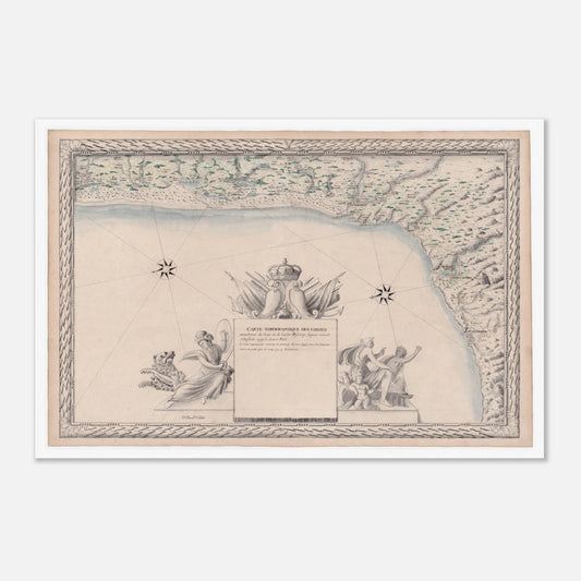 Planche ancienne : Carte de la baie de Biscaye, de Saint-Sébastien (60x90 cm). Carte topographique ancienne des côtes maritimes de la baie de Biscaye, de Saint-Sébastien à Saint-Paul, représentant la ligne côtière et la mer.