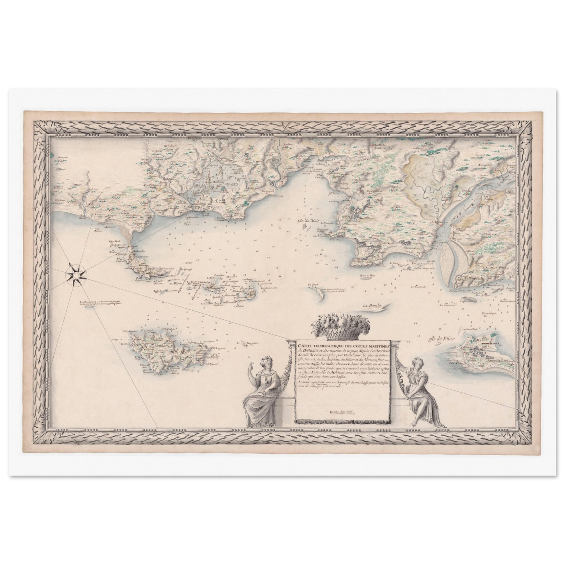 Planche ancienne : Carte de Bretagne, de la Loire à Étel et ses îles. Carte topographique ancienne des côtes maritimes de Bretagne et des rivières environnantes, incluant des îles et des ports, avec des représentations allégoriques sur les bords. Image d'illustration 3