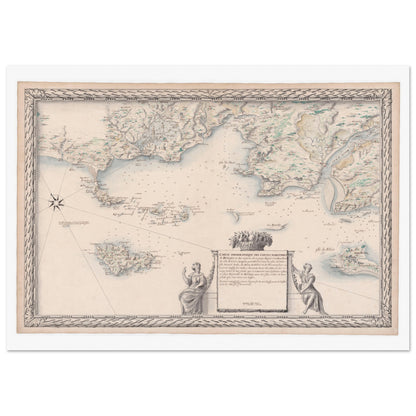 Planche ancienne : Carte de Bretagne, de la Loire à Étel et ses îles. Carte topographique ancienne des côtes maritimes de Bretagne et des rivières environnantes, incluant des îles et des ports, avec des représentations allégoriques sur les bords. Image d'illustration 3