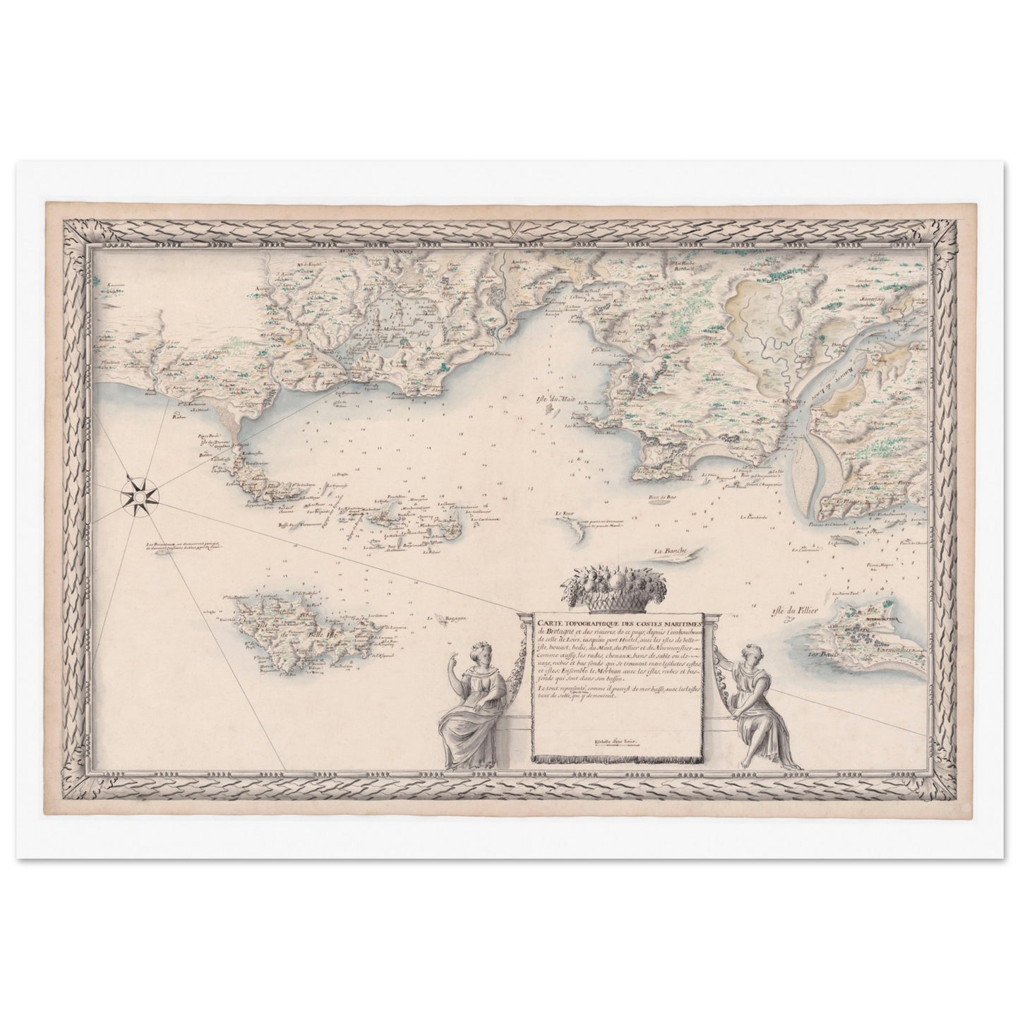 Planche ancienne : Carte de Bretagne, de la Loire à Étel et ses îles. Carte topographique ancienne des côtes maritimes de Bretagne et des rivières environnantes, incluant des îles et des ports, avec des représentations allégoriques sur les bords. Image d'illustration 4