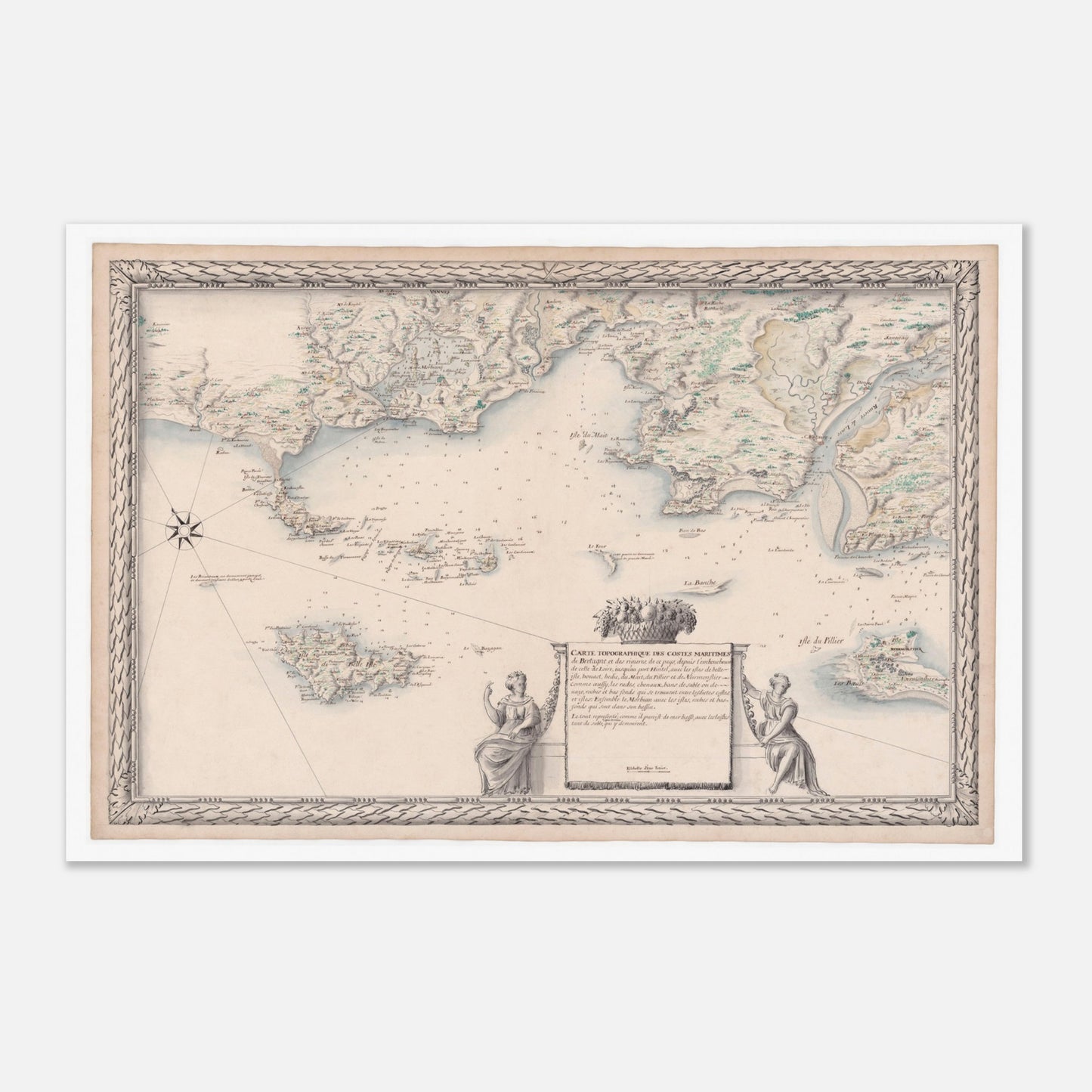 Planche ancienne : Carte de Bretagne, de la Loire à Étel et ses îles (40x60 cm). Carte topographique ancienne des côtes maritimes de Bretagne et des rivières environnantes, incluant des îles et des ports, avec des représentations allégoriques sur les bords.