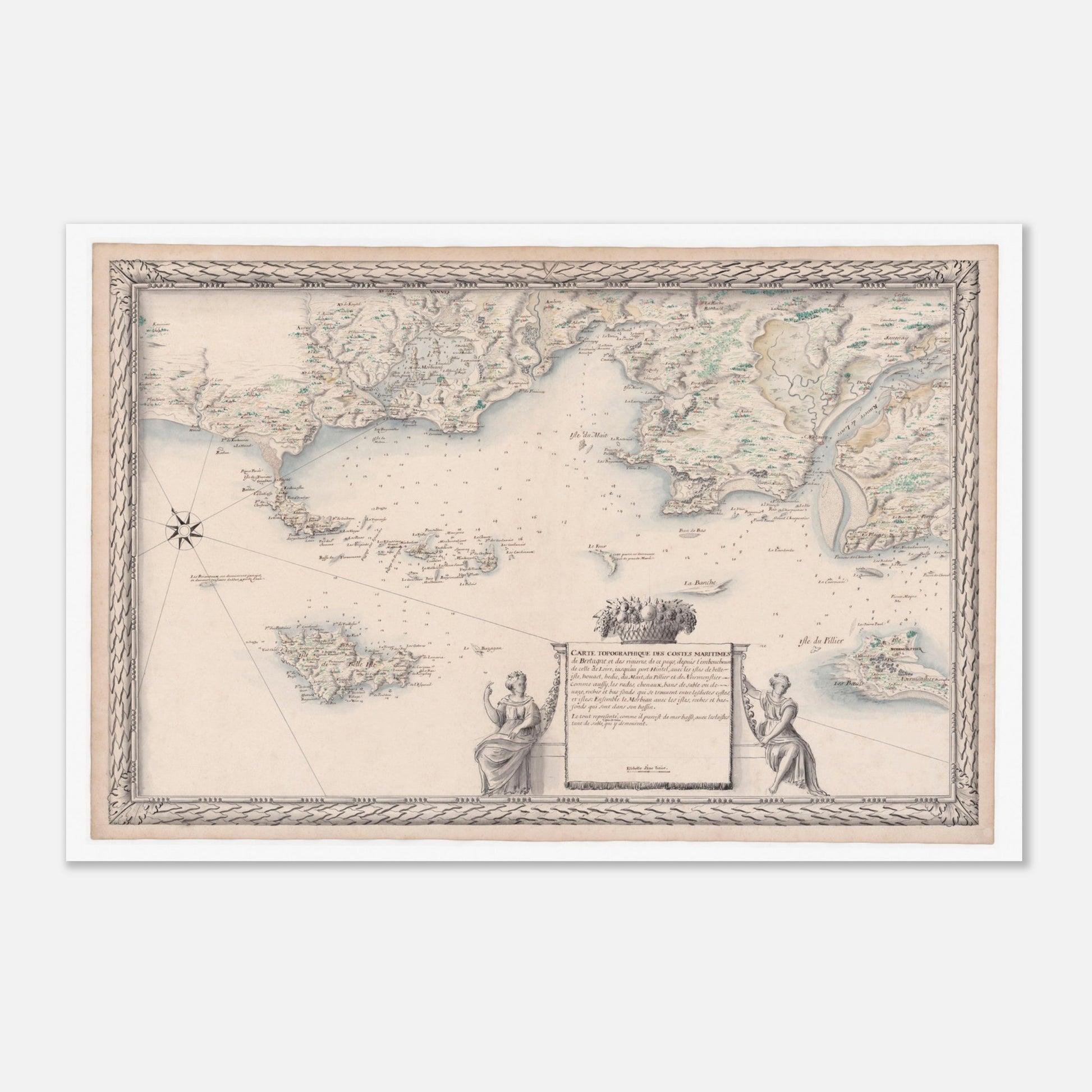 Planche ancienne : Carte de Bretagne, de la Loire à Étel et ses îles (40x60 cm). Carte topographique ancienne des côtes maritimes de Bretagne et des rivières environnantes, incluant des îles et des ports, avec des représentations allégoriques sur les bords.