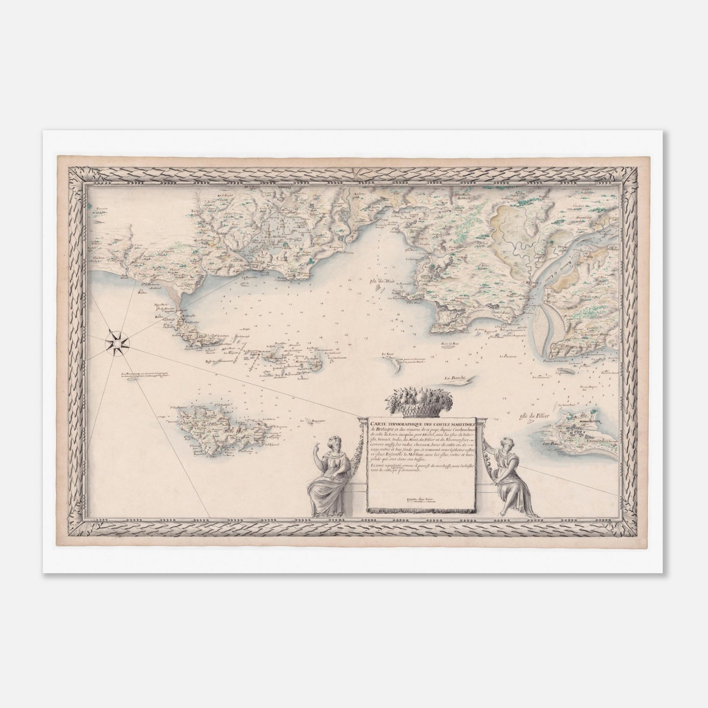 Planche ancienne : Carte de Bretagne, de la Loire à Étel et ses îles (50x70 cm). Carte topographique ancienne des côtes maritimes de Bretagne et des rivières environnantes, incluant des îles et des ports, avec des représentations allégoriques sur les bords.