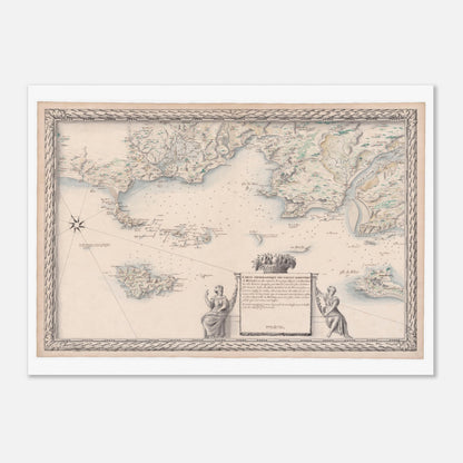 Planche ancienne : Carte de Bretagne, de la Loire à Étel et ses îles (50x70 cm). Carte topographique ancienne des côtes maritimes de Bretagne et des rivières environnantes, incluant des îles et des ports, avec des représentations allégoriques sur les bords.