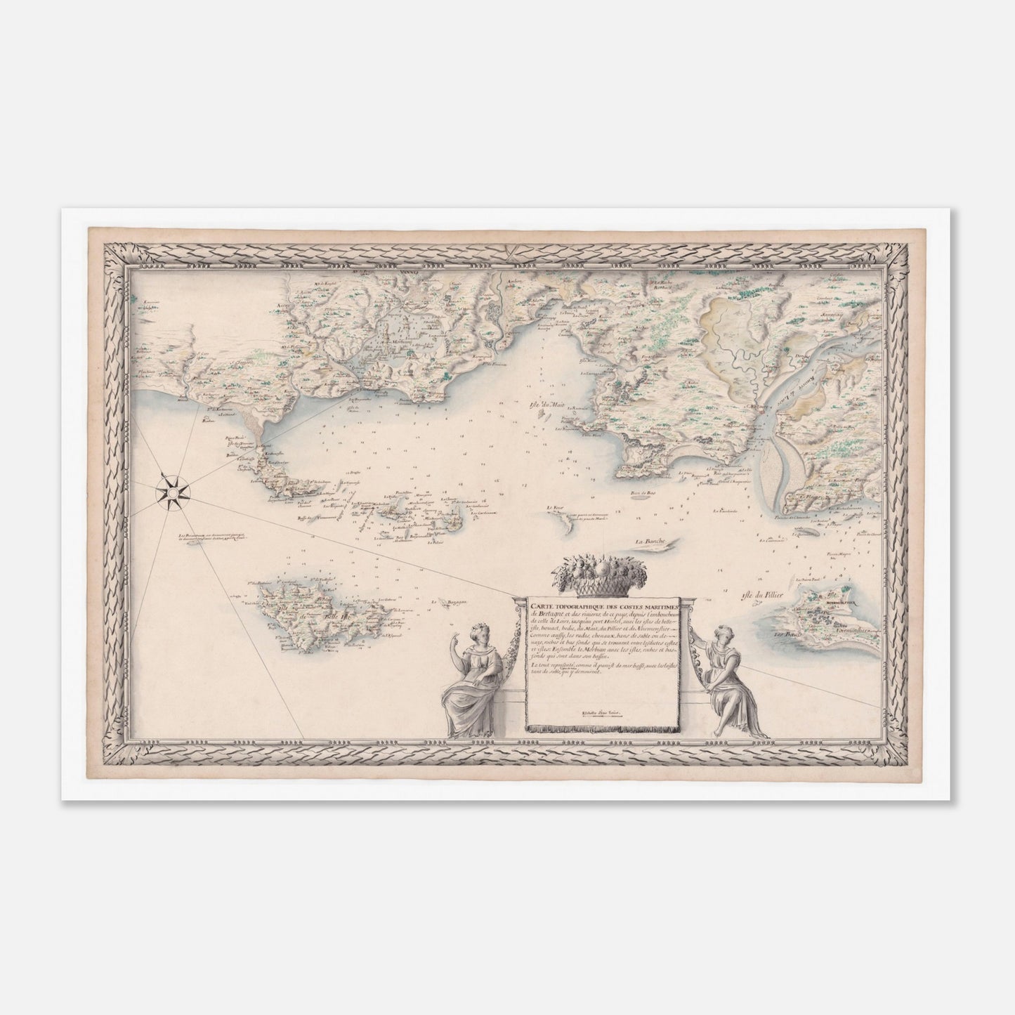 Planche ancienne : Carte de Bretagne, de la Loire à Étel et ses îles (60x90 cm). Carte topographique ancienne des côtes maritimes de Bretagne et des rivières environnantes, incluant des îles et des ports, avec des représentations allégoriques sur les bords.