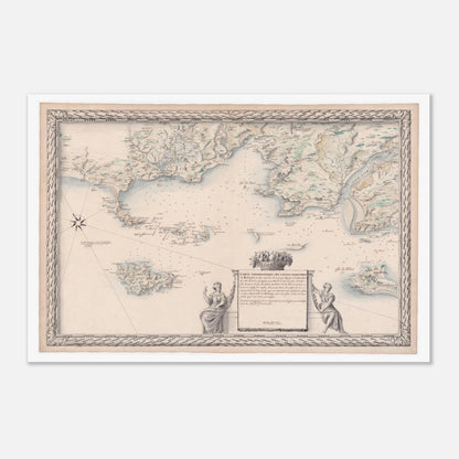 Planche ancienne : Carte de Bretagne, de la Loire à Étel et ses îles (60x90 cm). Carte topographique ancienne des côtes maritimes de Bretagne et des rivières environnantes, incluant des îles et des ports, avec des représentations allégoriques sur les bords.