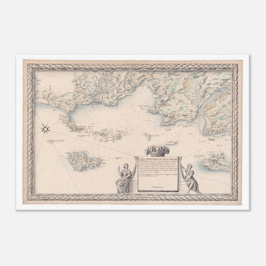 Planche ancienne : Carte de Bretagne, de la Loire à Étel et ses îles (60x90 cm). Carte topographique ancienne des côtes maritimes de Bretagne et des rivières environnantes, incluant des îles et des ports, avec des représentations allégoriques sur les bords.