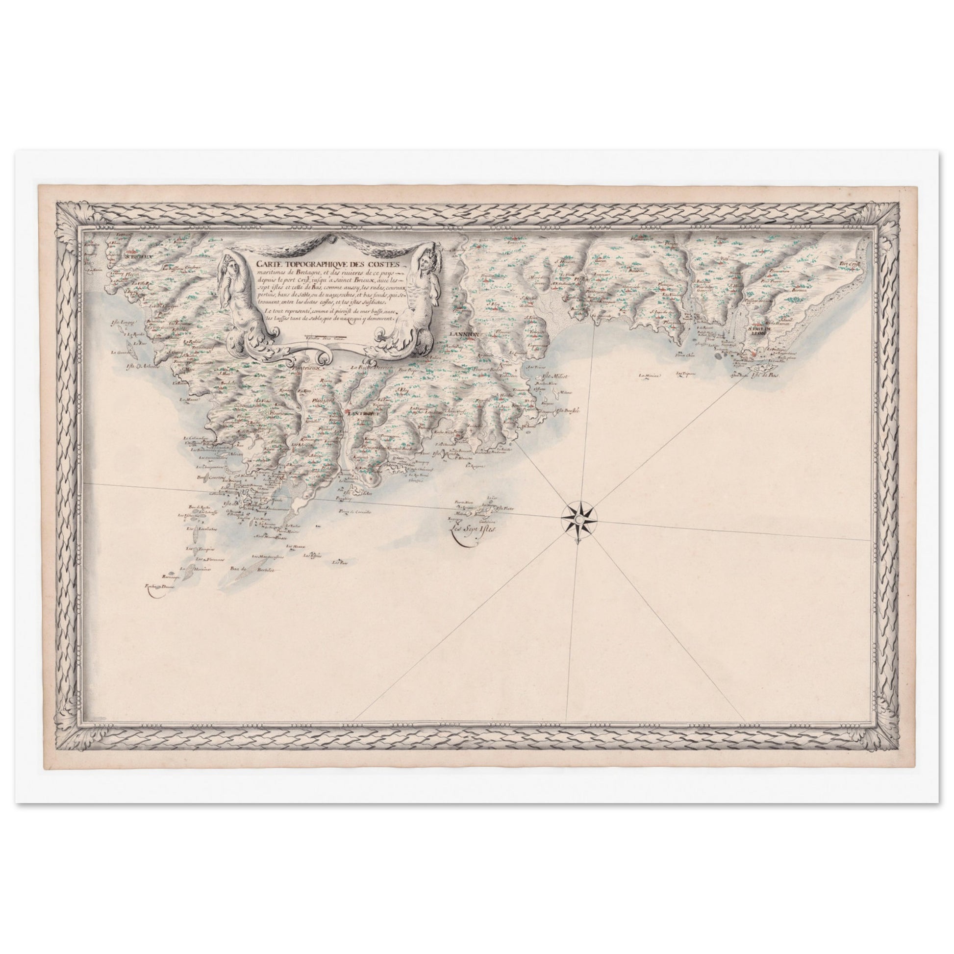 Carte maritime ancienne de Bretagne : Port-Crist à Saint-Brieuc. Carte topographique ancienne de la côte maritime de Bretagne, avec des îles et des ports, ainsi que des motifs décoratifs sur les marges et une vignette centrale. Image d'illustration 3