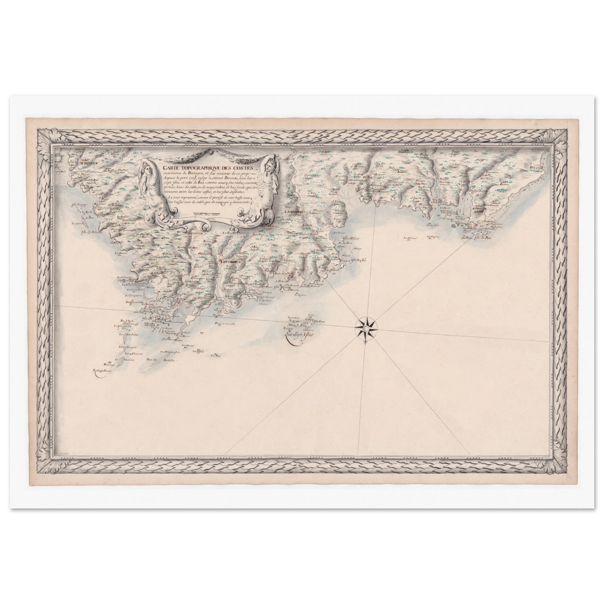 Carte maritime ancienne de Bretagne : Port-Crist à Saint-Brieuc. Carte topographique ancienne de la côte maritime de Bretagne, avec des îles et des ports, ainsi que des motifs décoratifs sur les marges et une vignette centrale. Image d'illustration 4