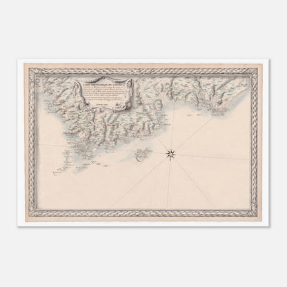 Carte maritime ancienne de Bretagne : Port-Crist à Saint-Brieuc (40x60 cm). Carte topographique ancienne de la côte maritime de Bretagne, avec des îles et des ports, ainsi que des motifs décoratifs sur les marges et une vignette centrale.