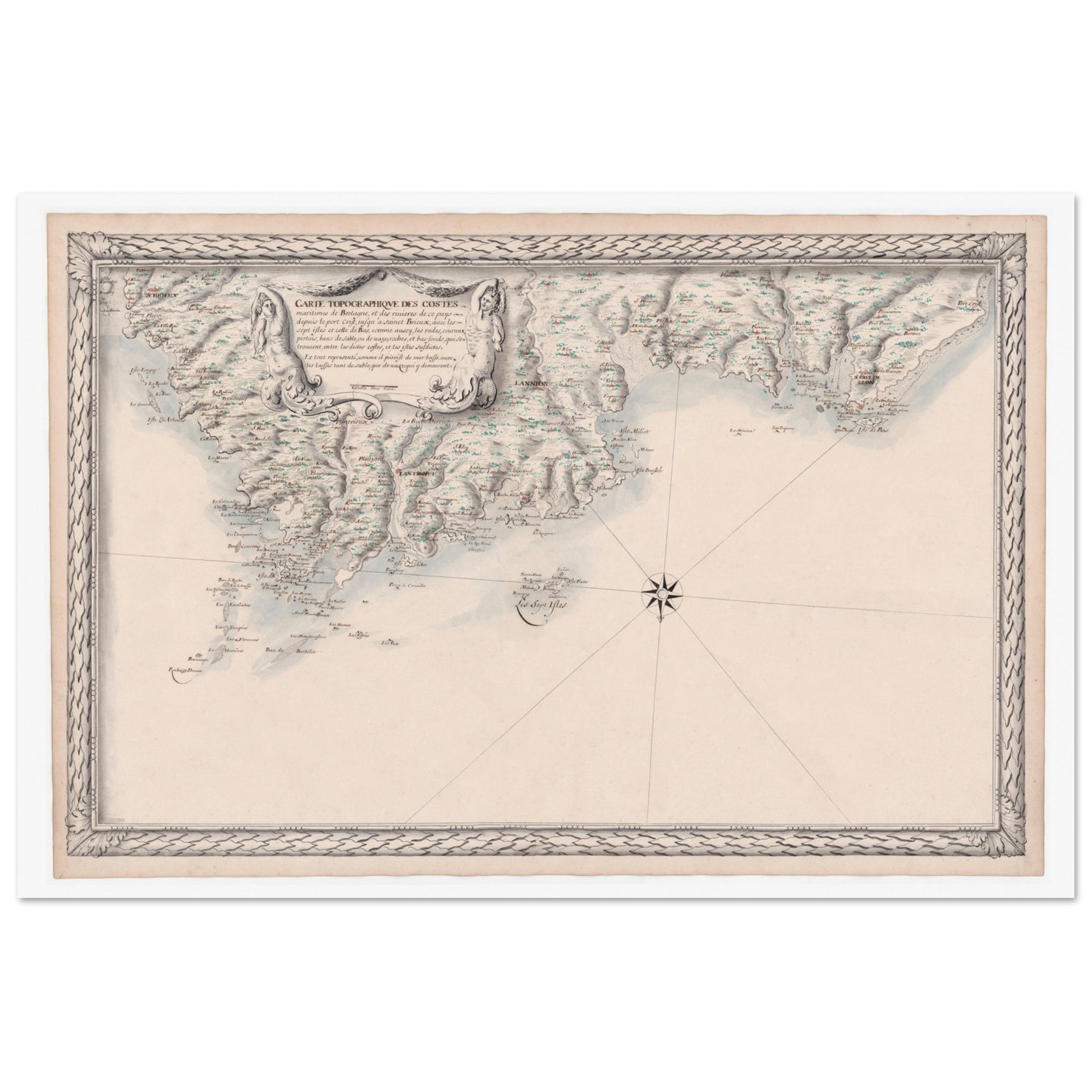 Carte maritime ancienne de Bretagne : Port-Crist à Saint-Brieuc. Carte topographique ancienne de la côte maritime de Bretagne, avec des îles et des ports, ainsi que des motifs décoratifs sur les marges et une vignette centrale. Image d'illustration 5